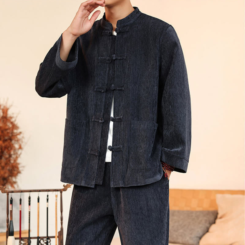 Buddha Stones 2-teiliger Winteranzug für Herren, dick, Tang-Stil, Froschknopf, Baumwollcord, Langarmjacke und Hose mit Taschen - image 7