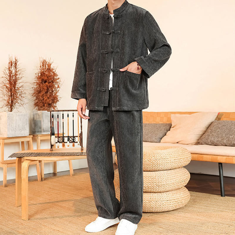 Buddha Stones 2-teiliger Winteranzug für Herren, dick, Tang-Stil, Froschknopf, Baumwollcord, Langarmjacke und Hose mit Taschen - image 9