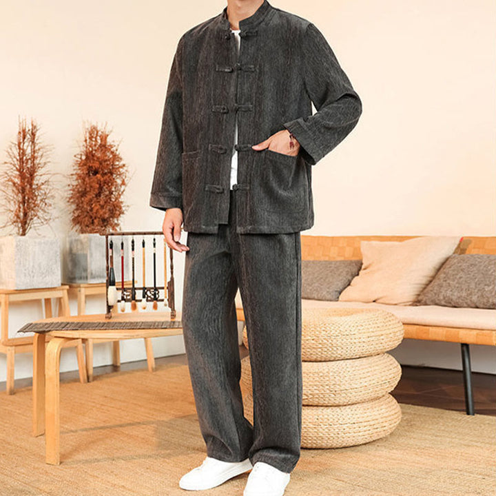 Buddha Stones 2-teiliger Winteranzug für Herren, dick, Tang-Stil, Froschknopf, Baumwollcord, Langarmjacke und Hose mit Taschen - image 9