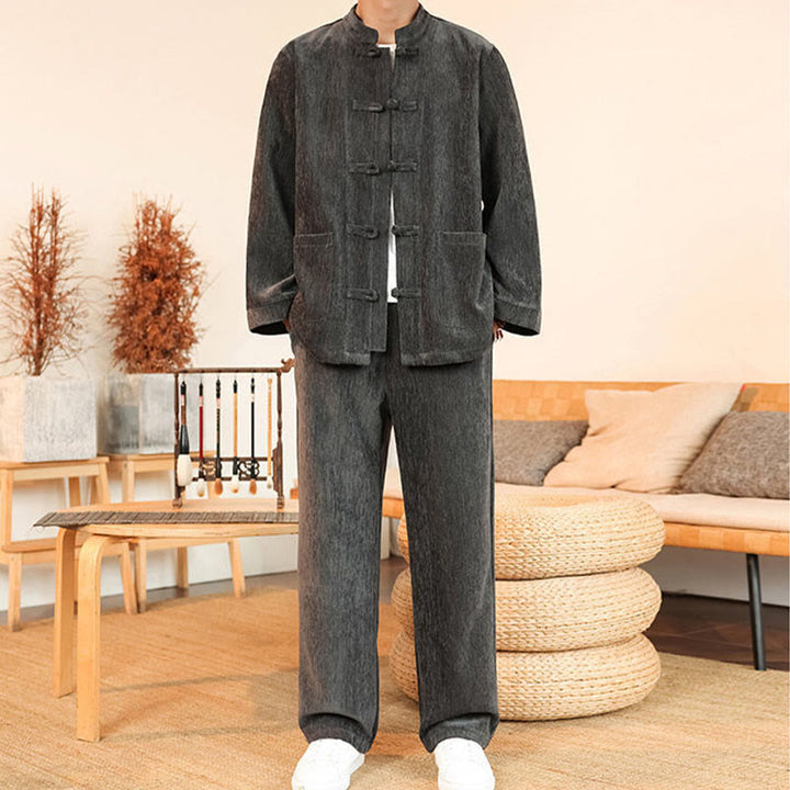 Buddha Stones 2-teiliger Winteranzug für Herren, dick, Tang-Stil, Froschknopf, Baumwollcord, Langarmjacke und Hose mit Taschen - image 13