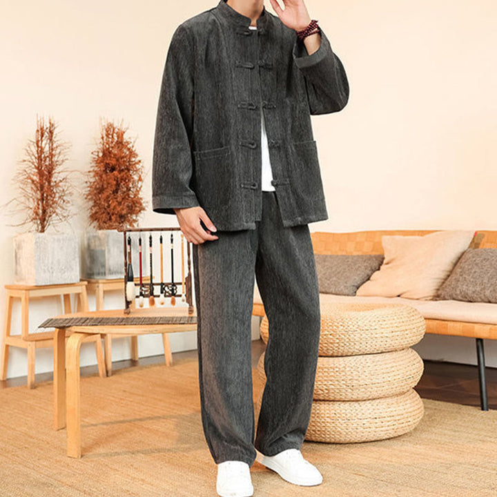 Buddha Stones 2-teiliger Winteranzug für Herren, dick, Tang-Stil, Froschknopf, Baumwollcord, Langarmjacke und Hose mit Taschen - image 15