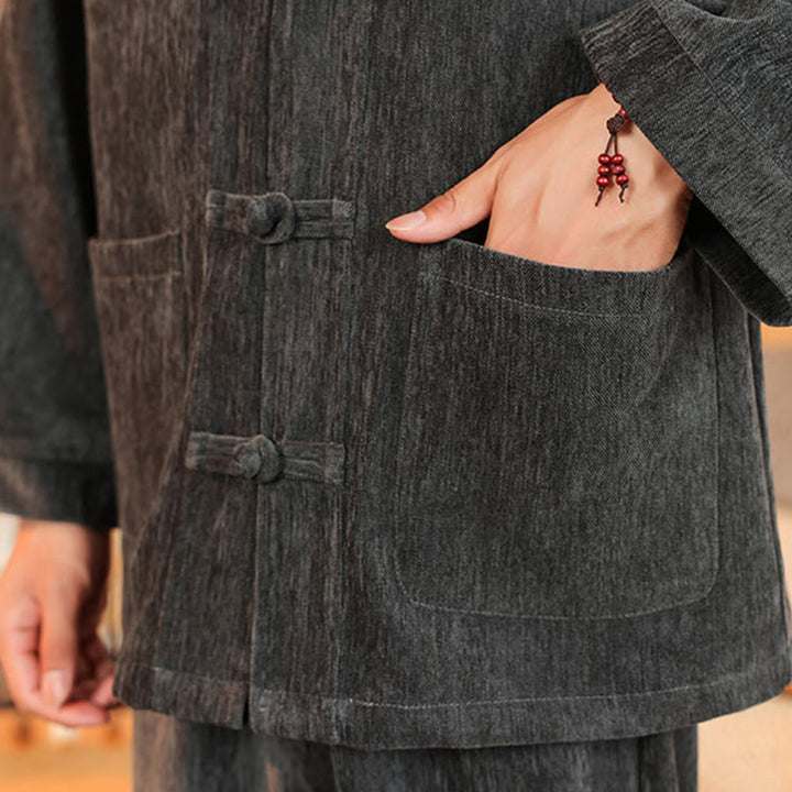 Buddha Stones 2-teiliger Winteranzug für Herren, dick, Tang-Stil, Froschknopf, Baumwollcord, Langarmjacke und Hose mit Taschen - image 18