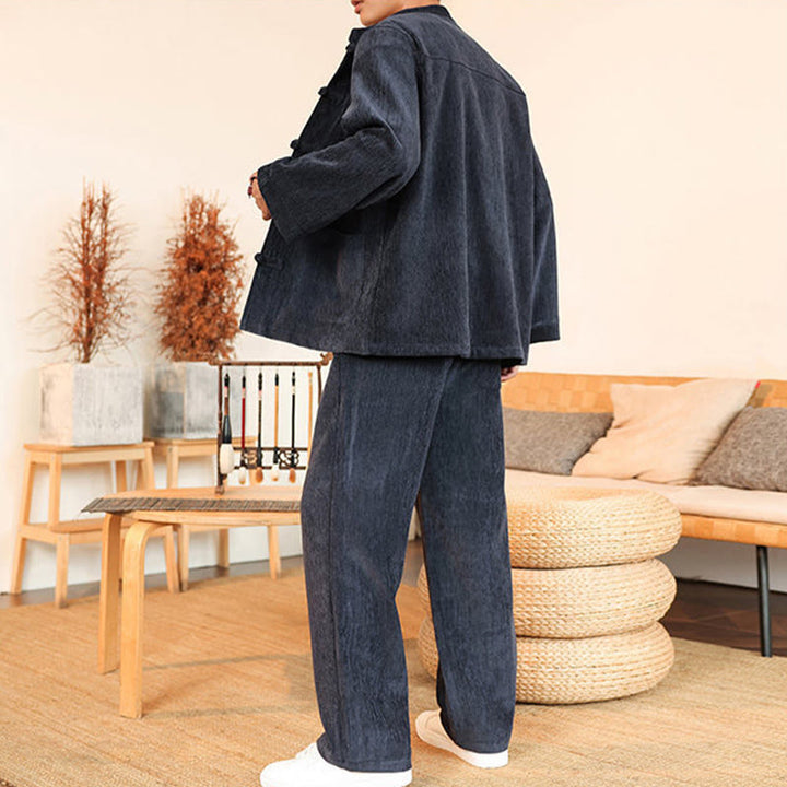 Buddha Stones 2-teiliger Winteranzug für Herren, dick, Tang-Stil, Froschknopf, Baumwollcord, Langarmjacke und Hose mit Taschen - image 11