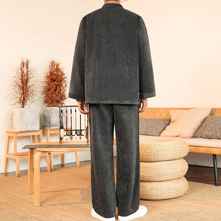 Buddha Stones 2-teiliger Winteranzug für Herren, dick, Tang-Stil, Froschknopf, Baumwollcord, Langarmjacke und Hose mit Taschen - image 12