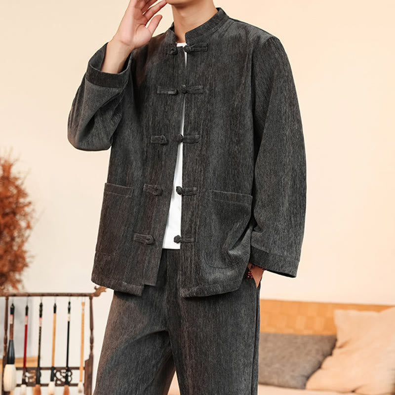 Buddha Stones 2-teiliger Winteranzug für Herren, dick, Tang-Stil, Froschknopf, Baumwollcord, Langarmjacke und Hose mit Taschen - image 17