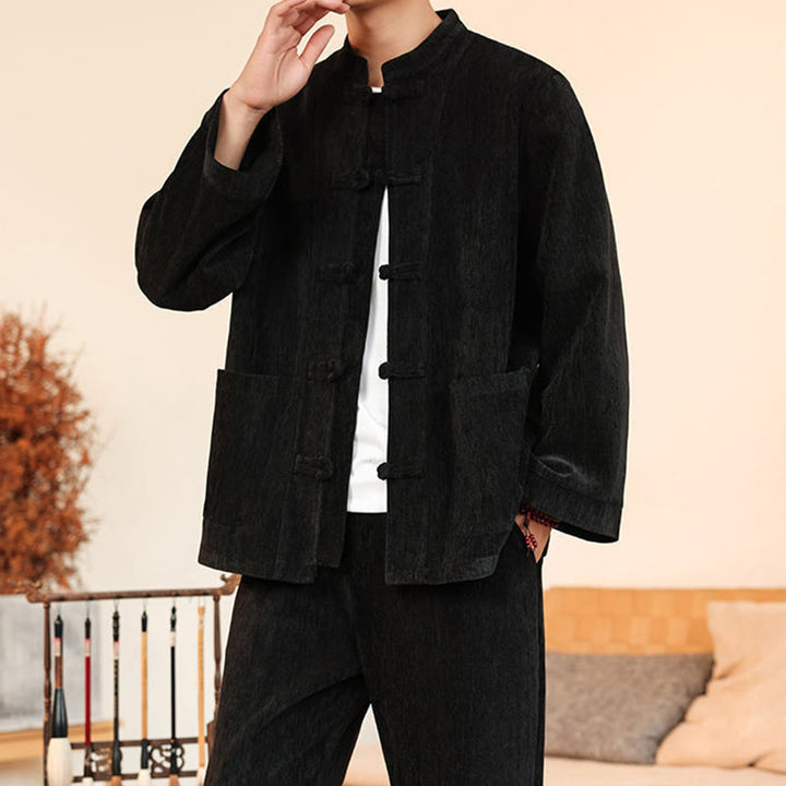 Buddha Stones 2-teiliger Winteranzug für Herren, dick, Tang-Stil, Froschknopf, Baumwollcord, Langarmjacke und Hose mit Taschen - image 30