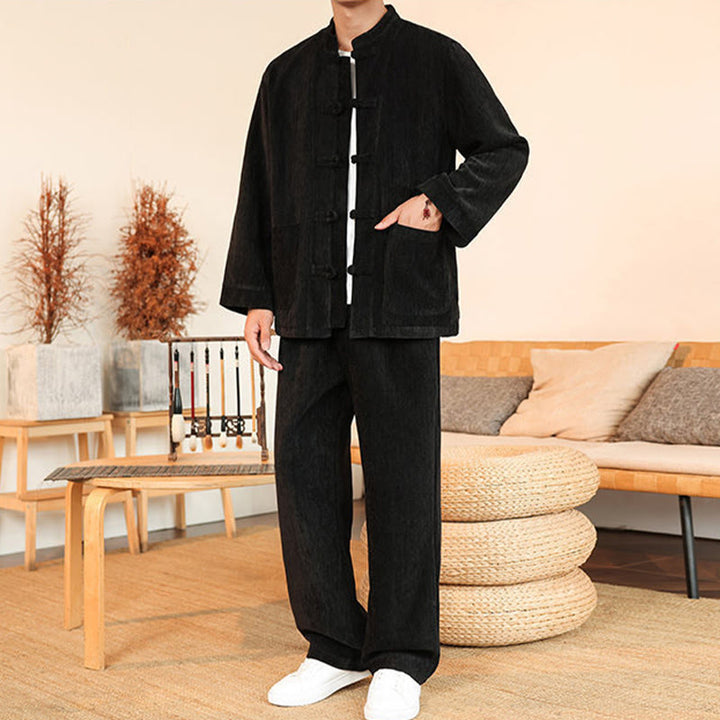 Buddha Stones 2-teiliger Winteranzug für Herren, dick, Tang-Stil, Froschknopf, Baumwollcord, Langarmjacke und Hose mit Taschen - image 28