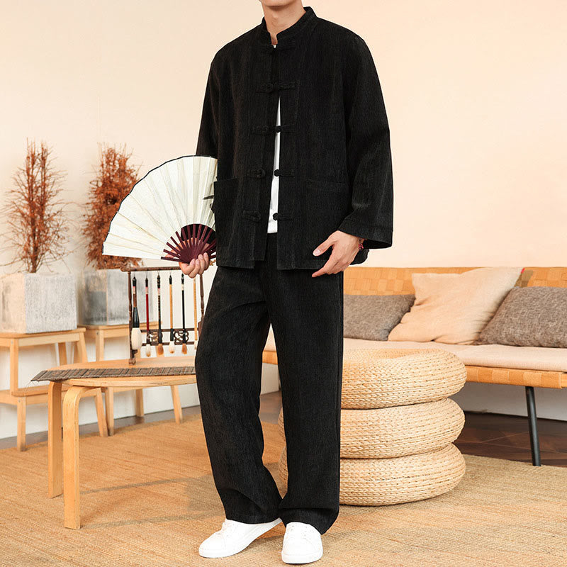 Buddha Stones 2-teiliger Winteranzug für Herren, dick, Tang-Stil, Froschknopf, Baumwollcord, Langarmjacke und Hose mit Taschen - image 24