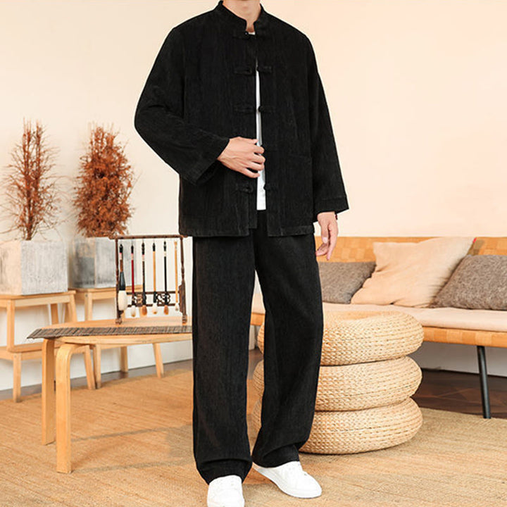 Buddha Stones 2-teiliger Winteranzug für Herren, dick, Tang-Stil, Froschknopf, Baumwollcord, Langarmjacke und Hose mit Taschen - image 26