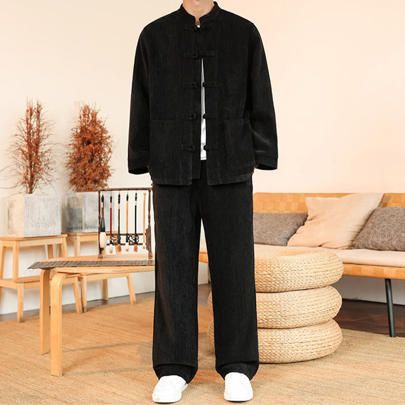 Buddha Stones 2-teiliger Winteranzug für Herren, dick, Tang-Stil, Froschknopf, Baumwollcord, Langarmjacke und Hose mit Taschen - image 23