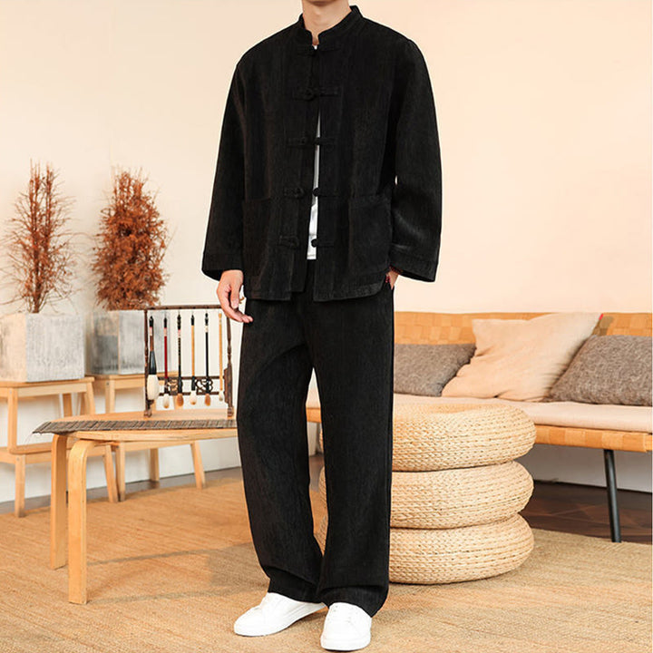 Buddha Stones 2-teiliger Winteranzug für Herren, dick, Tang-Stil, Froschknopf, Baumwollcord, Langarmjacke und Hose mit Taschen - image 27