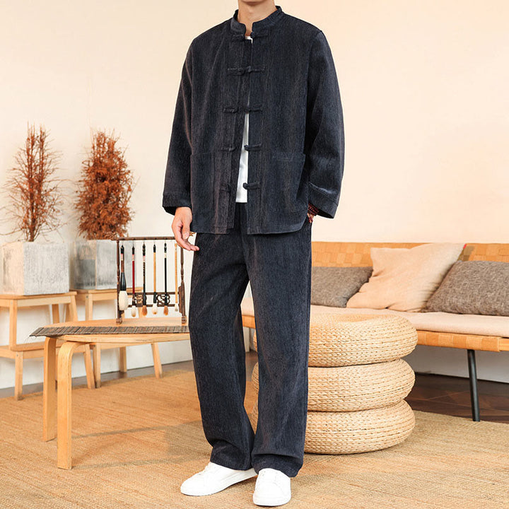 Buddha Stones 2-teiliger Winteranzug für Herren, dick, Tang-Stil, Froschknopf, Baumwollcord, Langarmjacke und Hose mit Taschen - image 4