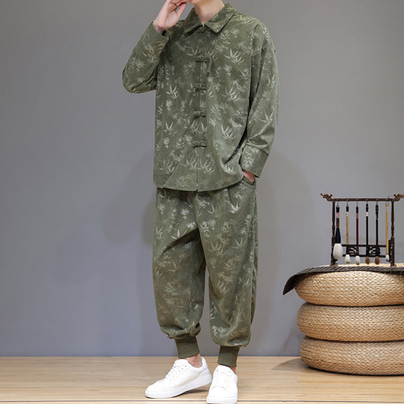 Buddha Stones 2-teiliger Winteranzug für Herren aus dickem Bambus, Tang-Stil, mit Froschknopfverschluss, Baumwollcord, lange Ärmel, Jacke und Hose mit Taschen - image 4