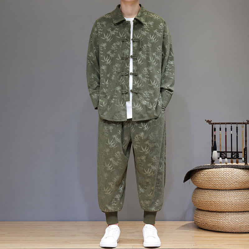 Buddha Stones 2-teiliger Winteranzug für Herren aus dickem Bambus, Tang-Stil, mit Froschknopfverschluss, Baumwollcord, lange Ärmel, Jacke und Hose mit Taschen - image 1