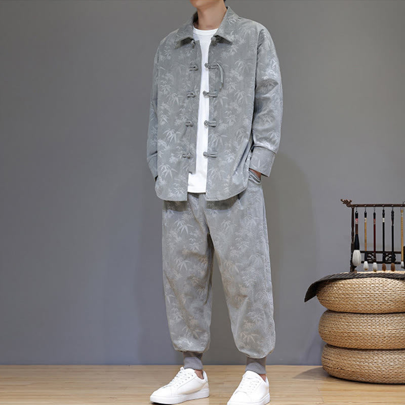 Buddha Stones 2-teiliger Winteranzug für Herren aus dickem Bambus, Tang-Stil, mit Froschknopfverschluss, Baumwollcord, lange Ärmel, Jacke und Hose mit Taschen - image 14