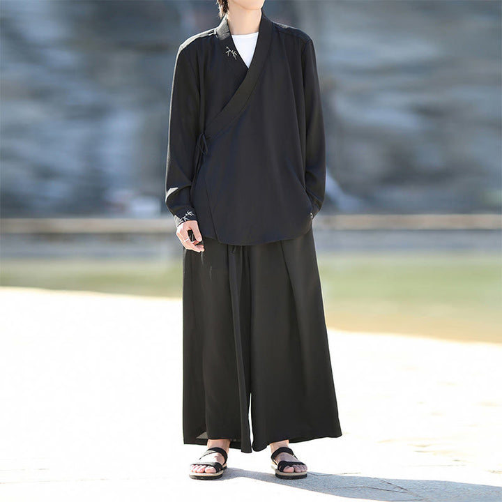 Buddha Stones ​​2-teiliges Herbst-Kimono-Set aus Baumwolle mit Schnürung, Bambusstickerei und knöchellangen Hosen mit Taschen – Meditationskleidung für Herren - Schwarz - US/ UK/AU46, EU56 (5XL) - image 0