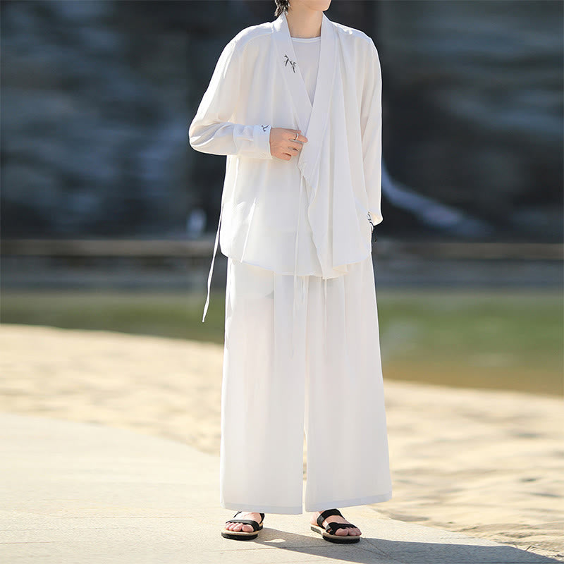 Buddha Stones ​​2-teiliges Herbst-Kimono-Set aus Baumwolle mit Schnürung, Bambusstickerei und knöchellangen Hosen mit Taschen – Meditationskleidung für Herren - Weiß - US/ UK/AU46, EU56 (5XL) - image 7