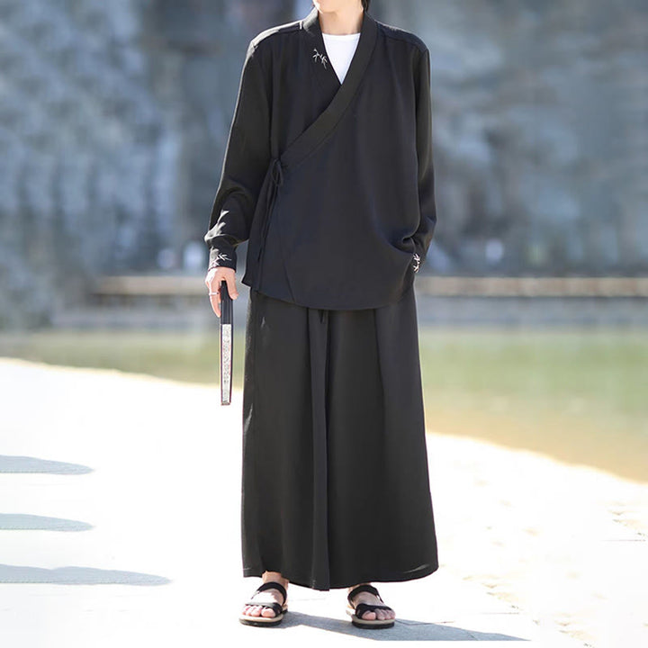 Buddha Stones ​​2-teiliges Herbst-Kimono-Set aus Baumwolle mit Schnürung, Bambusstickerei und knöchellangen Hosen mit Taschen – Meditationskleidung für Herren - image 2