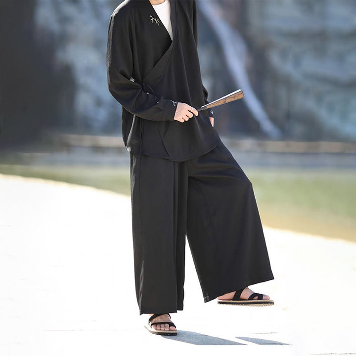 Buddha Stones ​​2-teiliges Herbst-Kimono-Set aus Baumwolle mit Schnürung, Bambusstickerei und knöchellangen Hosen mit Taschen – Meditationskleidung für Herren - image 3