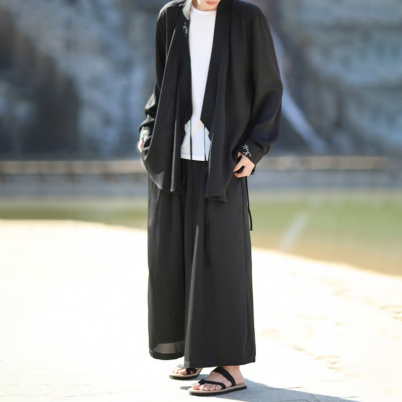 Buddha Stones ​​2-teiliges Herbst-Kimono-Set aus Baumwolle mit Schnürung, Bambusstickerei und knöchellangen Hosen mit Taschen – Meditationskleidung für Herren - image 1