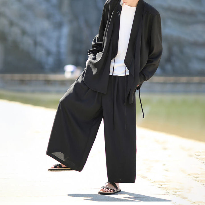 Buddha Stones ​​2-teiliges Herbst-Kimono-Set aus Baumwolle mit Schnürung, Bambusstickerei und knöchellangen Hosen mit Taschen – Meditationskleidung für Herren - image 4