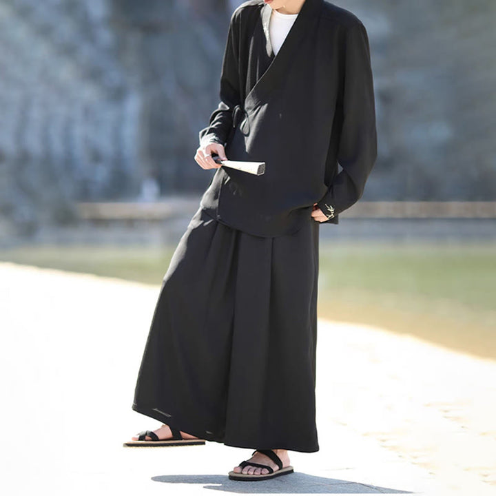 Buddha Stones ​​2-teiliges Herbst-Kimono-Set aus Baumwolle mit Schnürung, Bambusstickerei und knöchellangen Hosen mit Taschen – Meditationskleidung für Herren - image 5