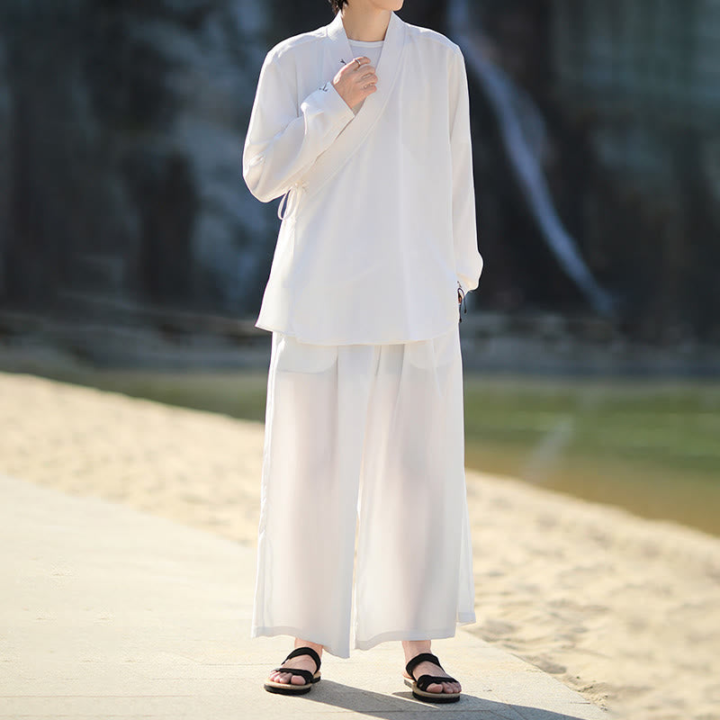 Buddha Stones ​​2-teiliges Herbst-Kimono-Set aus Baumwolle mit Schnürung, Bambusstickerei und knöchellangen Hosen mit Taschen – Meditationskleidung für Herren - image 8