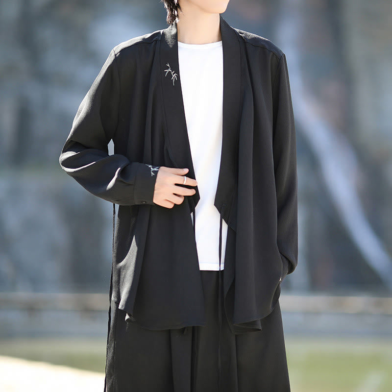 Buddha Stones ​​2-teiliges Herbst-Kimono-Set aus Baumwolle mit Schnürung, Bambusstickerei und knöchellangen Hosen mit Taschen – Meditationskleidung für Herren - image 6