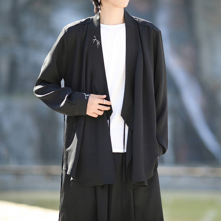 Buddha Stones ​​2-teiliges Herbst-Kimono-Set aus Baumwolle mit Schnürung, Bambusstickerei und knöchellangen Hosen mit Taschen – Meditationskleidung für Herren - image 6