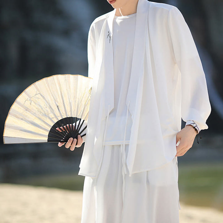 Buddha Stones ​​2-teiliges Herbst-Kimono-Set aus Baumwolle mit Schnürung, Bambusstickerei und knöchellangen Hosen mit Taschen – Meditationskleidung für Herren - image 13