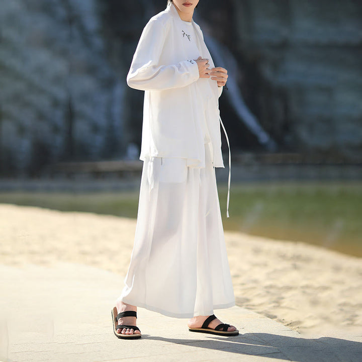 Buddha Stones ​​2-teiliges Herbst-Kimono-Set aus Baumwolle mit Schnürung, Bambusstickerei und knöchellangen Hosen mit Taschen – Meditationskleidung für Herren - image 9