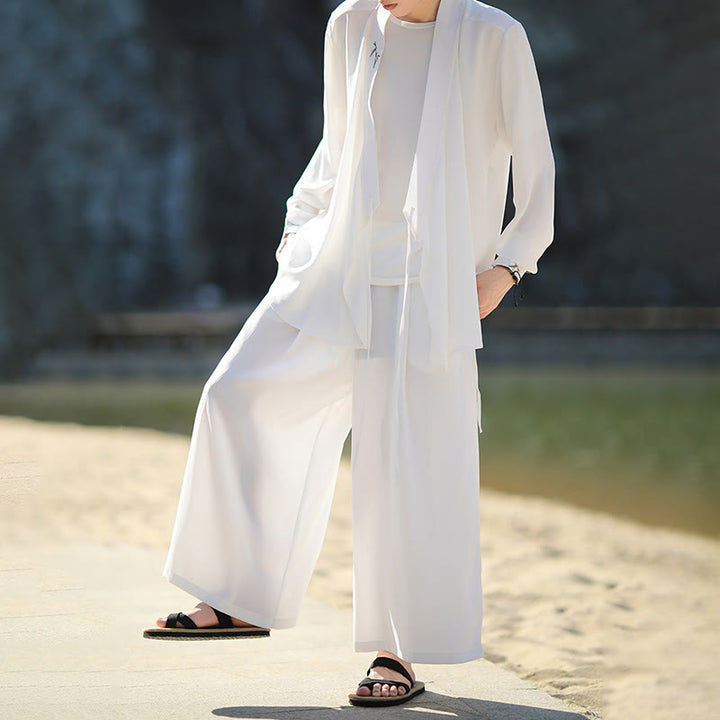 Buddha Stones ​​2-teiliges Herbst-Kimono-Set aus Baumwolle mit Schnürung, Bambusstickerei und knöchellangen Hosen mit Taschen – Meditationskleidung für Herren - image 11