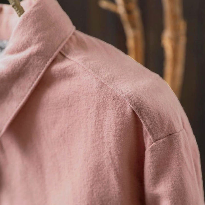 Buddha Stones Herbst Einfarbiges Langarm-Baumwollhemd mit Stehkragen und Knopfleiste, Stehkragen und Knopfleiste - image 7