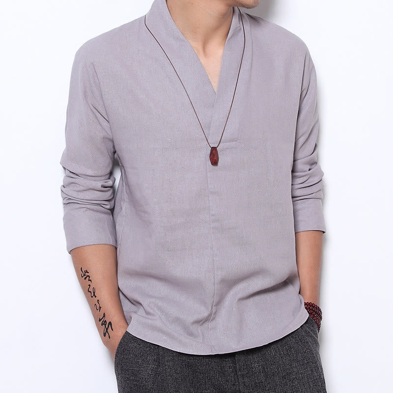 Buddha Stones Lässiges V-Ausschnitt Langarmhemd Leinen Herrenbekleidung - Gainsboro - US/ UK/AU44, EU54 (5XL) - image 0