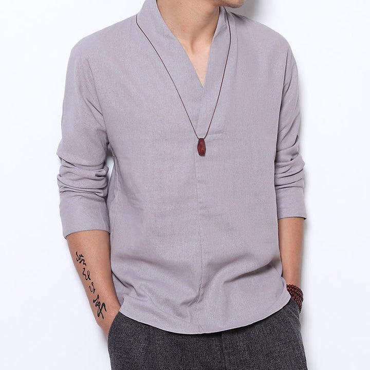 Buddha Stones Lässiges V-Ausschnitt Langarmhemd Leinen Herrenbekleidung - Gainsboro - US/ UK/AU44, EU54 (5XL) - image 0