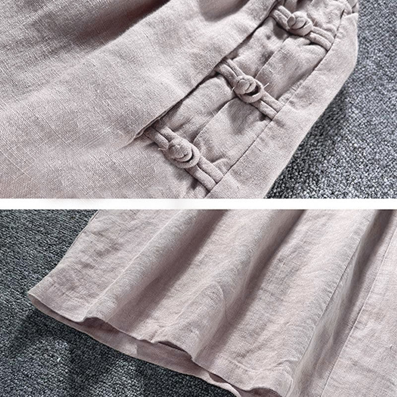 Buddha Stones Freizeithose mit Froschknopfverschluss, hohem Bund, weitem Bein und Taschen - image 7