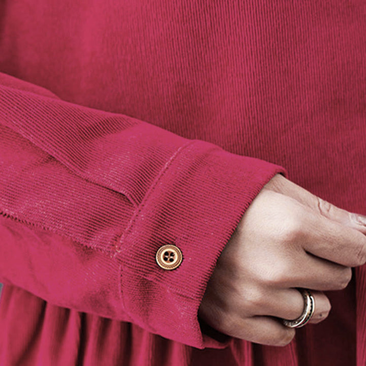 Langärmeliges Cord-Midikleid mit Taschen und Buddha Stones -Herbstknopf-Design - image 19