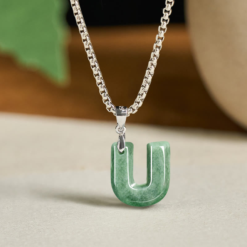 Buddha Stones, natürlicher AZ-Buchstabe Jade, Titanstahl, breite Kette, Wohlstands-Halskette mit Anhänger - U - image 29