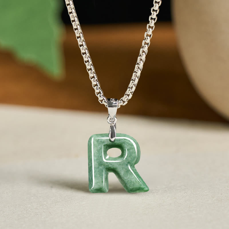 Buddha Stones, natürlicher AZ-Buchstabe Jade, Titanstahl, breite Kette, Wohlstands-Halskette mit Anhänger - R - image 26