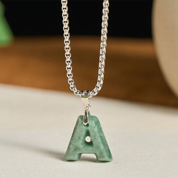 Buddha Stones, natürlicher AZ-Buchstabe Jade, Titanstahl, breite Kette, Wohlstands-Halskette mit Anhänger - T - image 1
