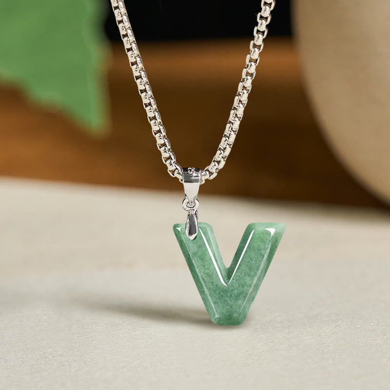 Buddha Stones, natürlicher AZ-Buchstabe Jade, Titanstahl, breite Kette, Wohlstands-Halskette mit Anhänger - V - image 30