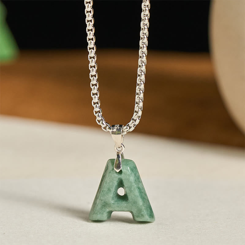 Buddha Stones, natürlicher AZ-Buchstabe Jade, Titanstahl, breite Kette, Wohlstands-Halskette mit Anhänger - A - image 1