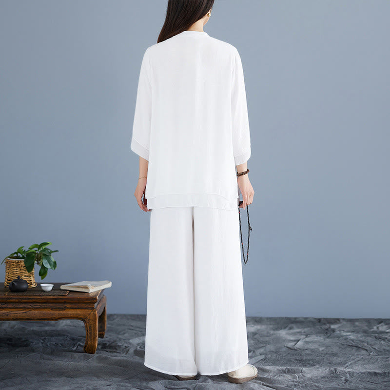 Buddha Stones ​​2-teiliges Set: Weißes, einfarbiges Hemd mit Froschknopfleiste, Dreiviertelärmel, weite Hose, Meditations- und Zen-Kleidung für Damen - image 3