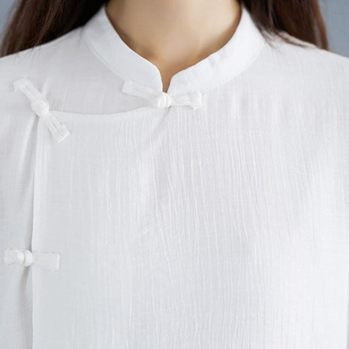 Buddha Stones ​​2-teiliges Set: Weißes, einfarbiges Hemd mit Froschknopfleiste, Dreiviertelärmel, weite Hose, Meditations- und Zen-Kleidung für Damen - image 10