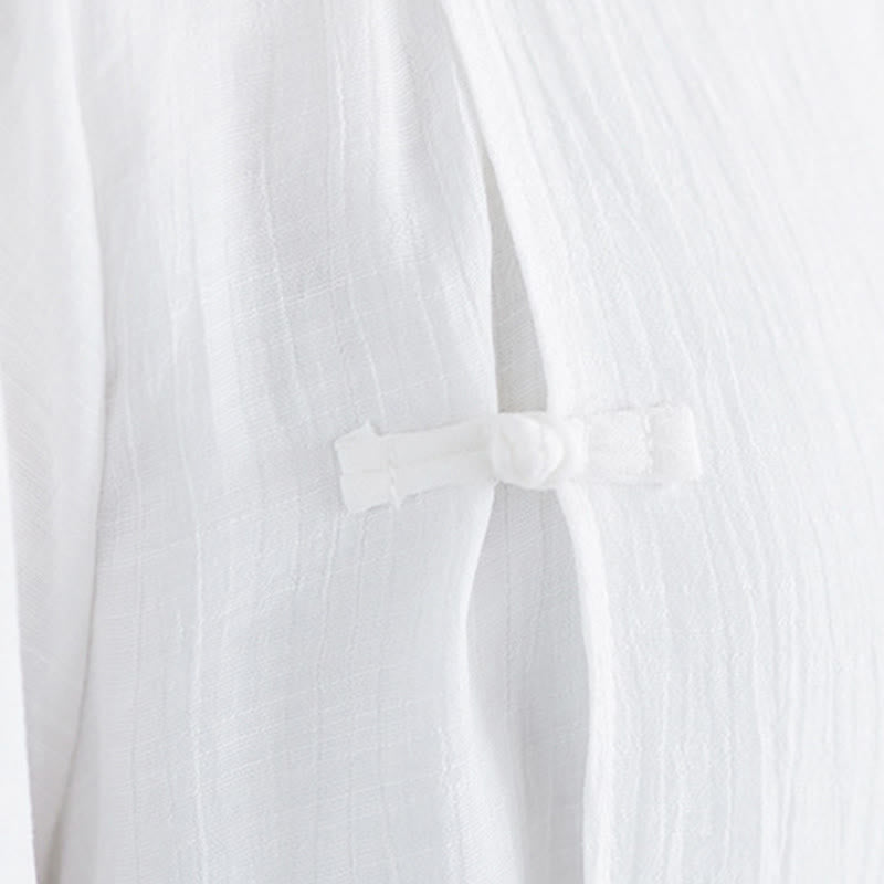 Buddha Stones ​​2-teiliges Set: Weißes, einfarbiges Hemd mit Froschknopfleiste, Dreiviertelärmel, weite Hose, Meditations- und Zen-Kleidung für Damen - image 12