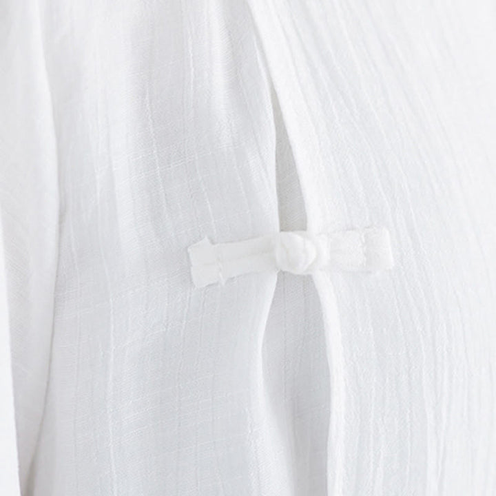 Buddha Stones ​​2-teiliges Set: Weißes, einfarbiges Hemd mit Froschknopfleiste, Dreiviertelärmel, weite Hose, Meditations- und Zen-Kleidung für Damen - image 12