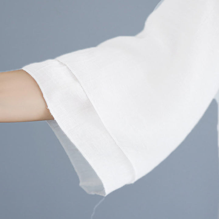 Buddha Stones ​​2-teiliges Set: Weißes, einfarbiges Hemd mit Froschknopfleiste, Dreiviertelärmel, weite Hose, Meditations- und Zen-Kleidung für Damen - image 14