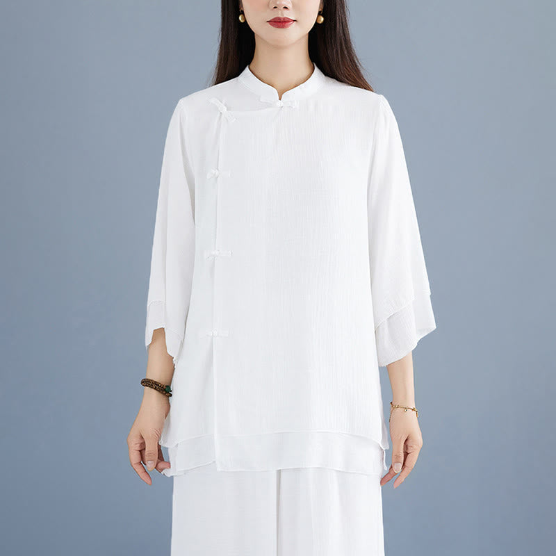 Buddha Stones ​​2-teiliges Set: Weißes, einfarbiges Hemd mit Froschknopfleiste, Dreiviertelärmel, weite Hose, Meditations- und Zen-Kleidung für Damen - image 7