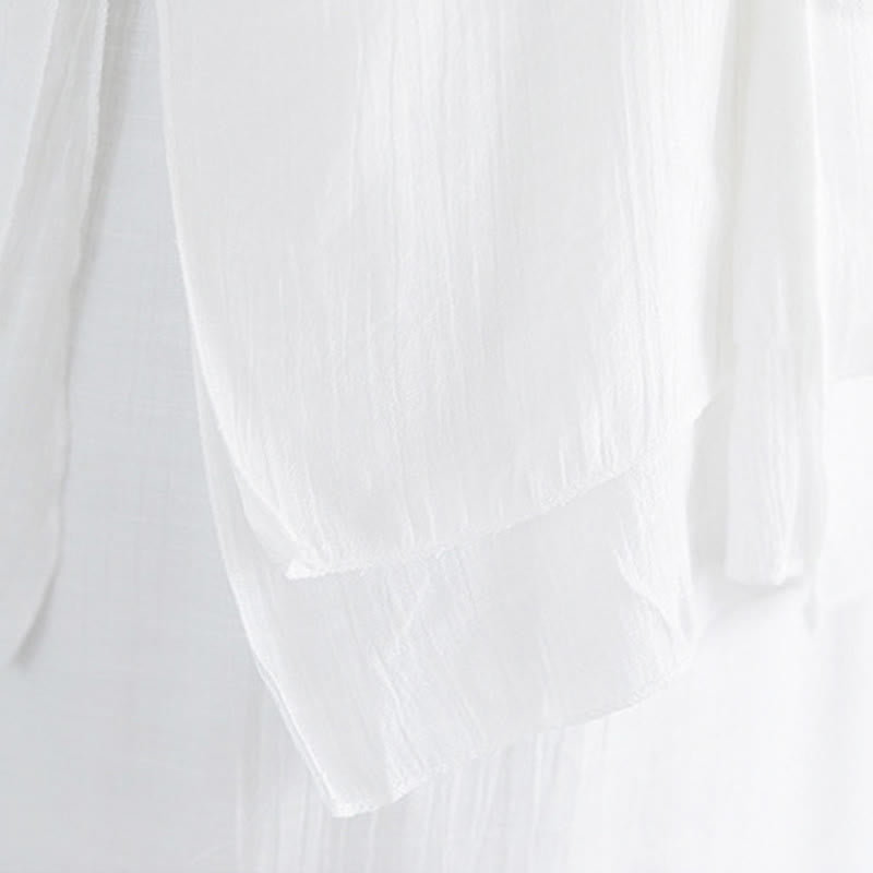 Buddha Stones ​​2-teiliges Set: Weißes, einfarbiges Hemd mit Froschknopfleiste, Dreiviertelärmel, weite Hose, Meditations- und Zen-Kleidung für Damen - image 13