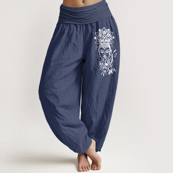 Buddha Stones Haremshose aus reiner Baumwolle mit schlichtem Buddha-Motiv und Lotusmuster, elastischem Bund für Damen - Dunkelschieferblau - US16, UK/AU20, EU48 (3XL) - image 0